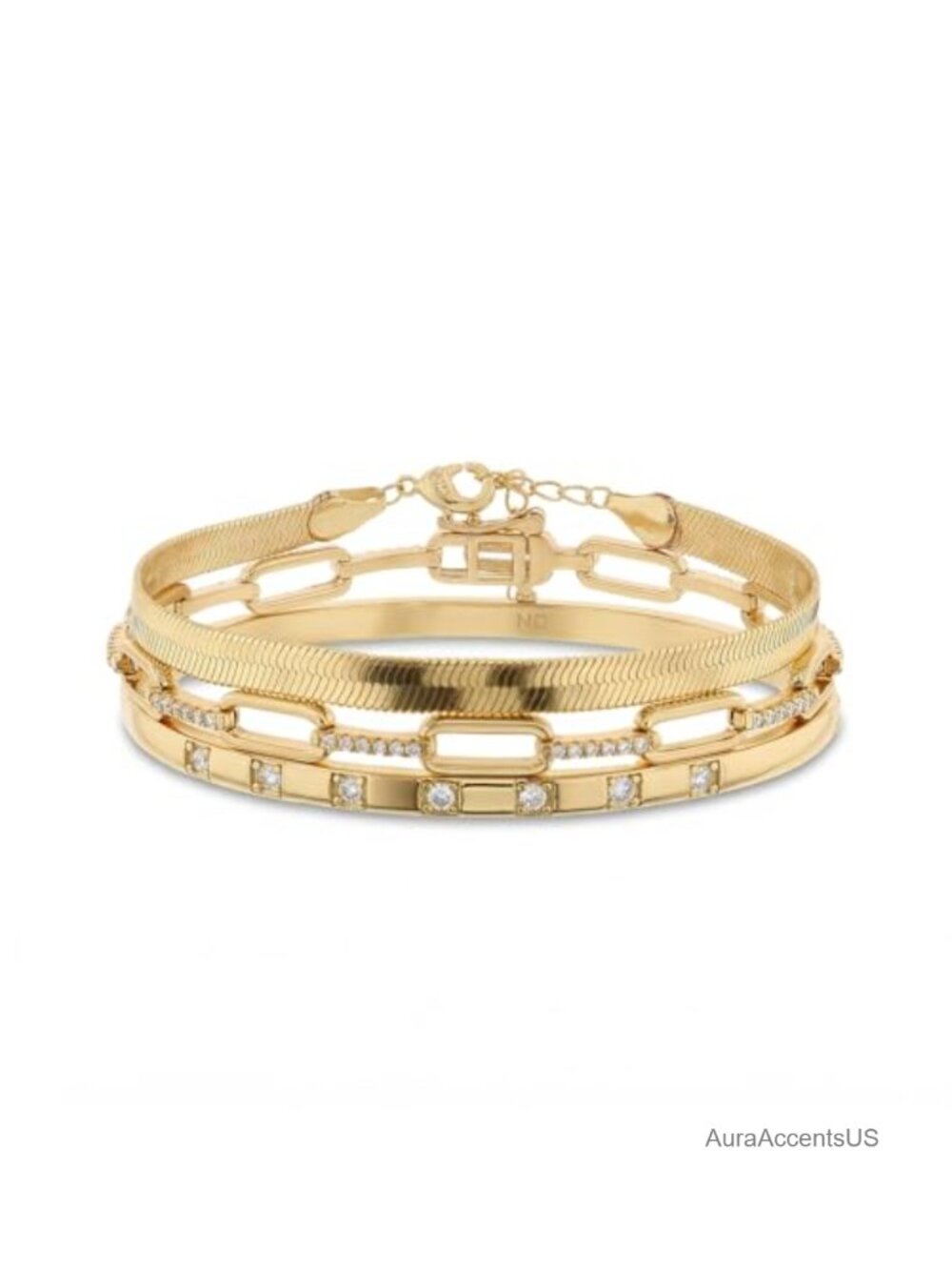 Waterproof 14K Yellow Gold Plated Bracelet Set with Cubic Zirconia